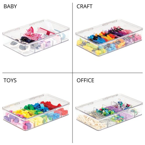 mDesign Plastic Divided Stackable Hair, Makeup & Jewelry Organizer Box with Hinge Lid for Bathroom Vanity Countertop - 5 Sections - Stores Hair Clips, Barrettes - Ligne Collection - 2 Pack - Clear