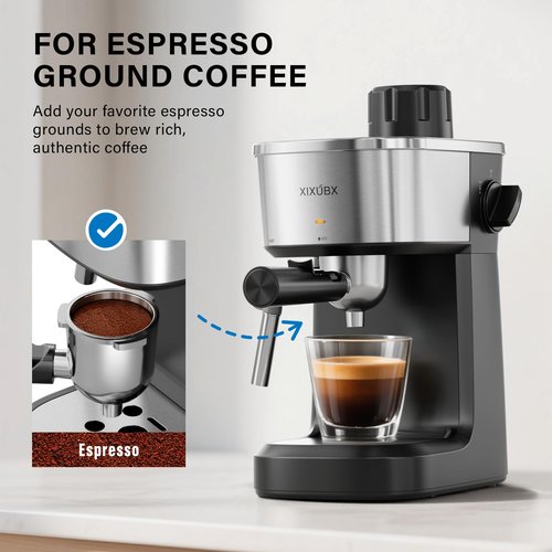 XIXUBX 6 Bar Espresso Machine, 800W Compact Coffee Maker with Stainless Steel Cup Warmer, Steam Milk Frother, Automatic Pressure Relief, Cappuccino & Latte Maker, Black, for Home and Office