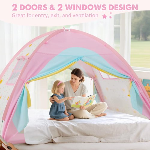 PIIKAGO Twin Bed Tent for Kids, Twin Size Bed Canopy with Star Lights, Privacy Space Blackout Sleeping Tents, Indoor Breathable Portable Bunk Bed Tent for Girls, Rainbow