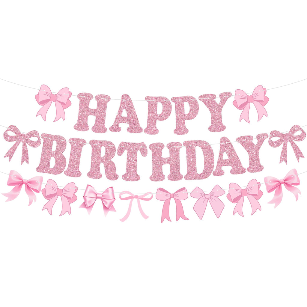 RICHHHA Glitter Pink Bow Happy Birthday Banner Pre-Strung Coquette Birthday Decorations Bow Theme Party Backdrop Sign Garland Pink Bow Party Supplies Decorations for Women Girls,NO-DIY