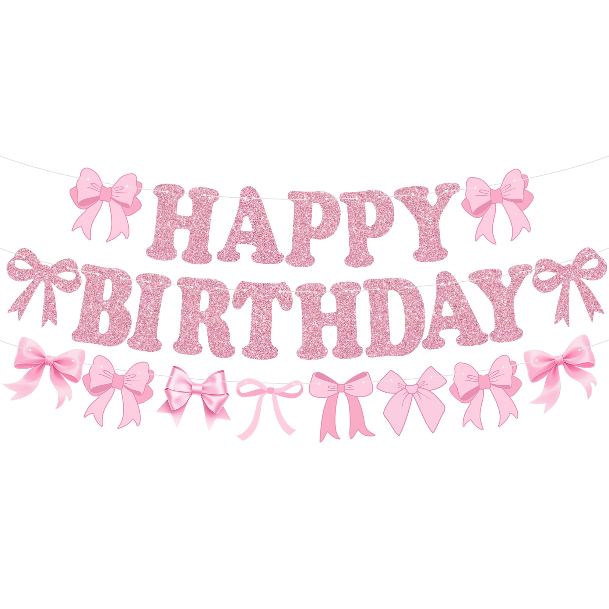 RICHHHA Glitter Pink Bow Happy Birthday Banner Pre-Strung Coquette Birthday Decorations Bow Theme Party Backdrop Sign Garland Pink Bow Party Supplies Decorations for Women Girls,NO-DIY