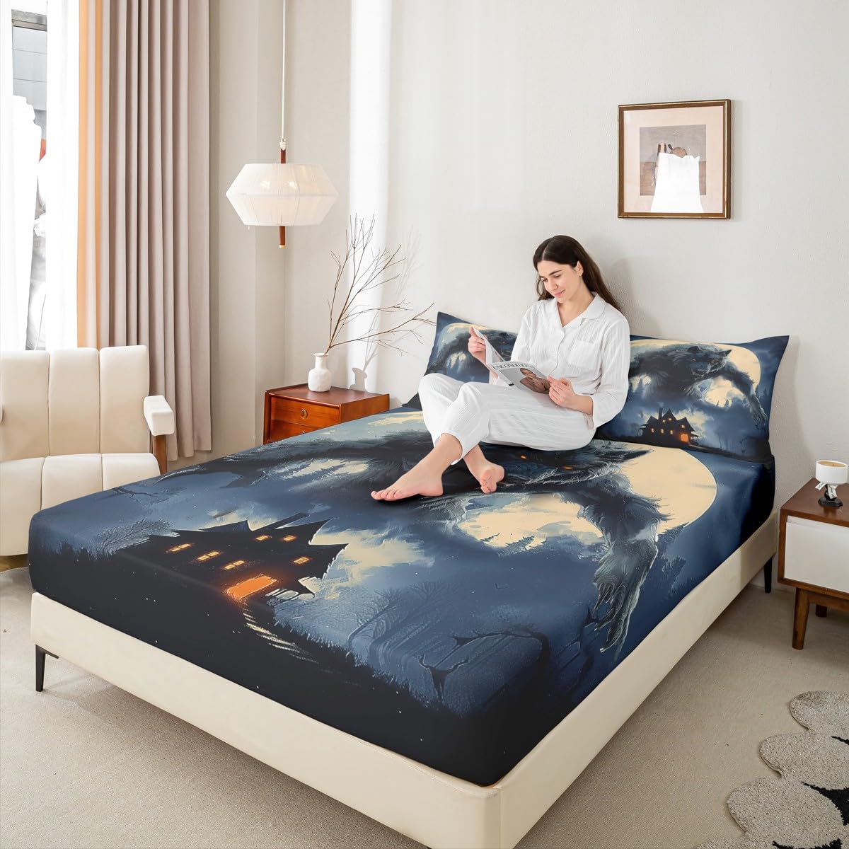 Howling Wolf Fitted Sheet Queen (No Flat Sheet),Gothic Castle Bedding Set Kids Boys Teens Men Room Decor,Western Moon Night Werewolf Bed Sheets Horror Wild Animals Deep Pocket Sheet,2 Pillowcases
