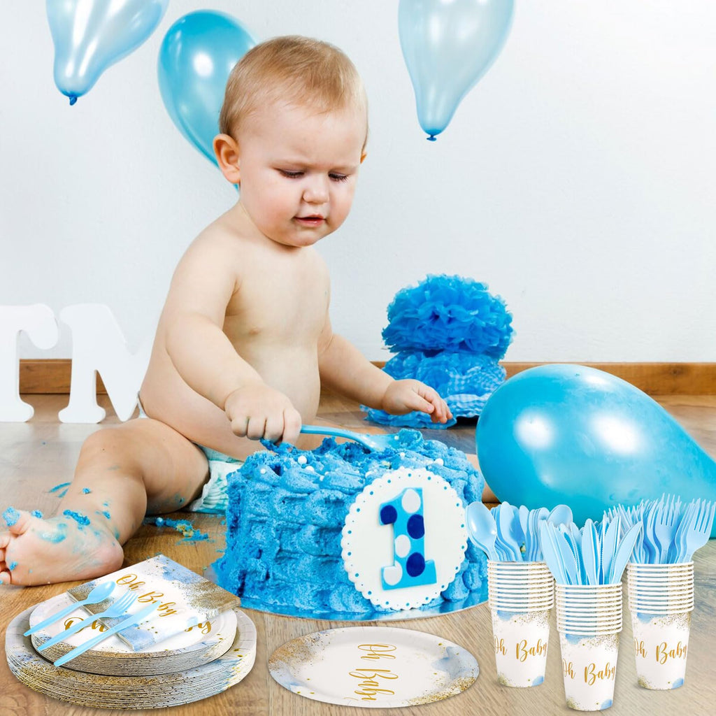 Xiangqu 175 Pcs Baby Boy Shower Plates and Napkins, Dusty Blue Baby Shower Decorations Includes Plates Napkins Cups Plastic Utensils for Boy Birthday, Serve 25 Guest
