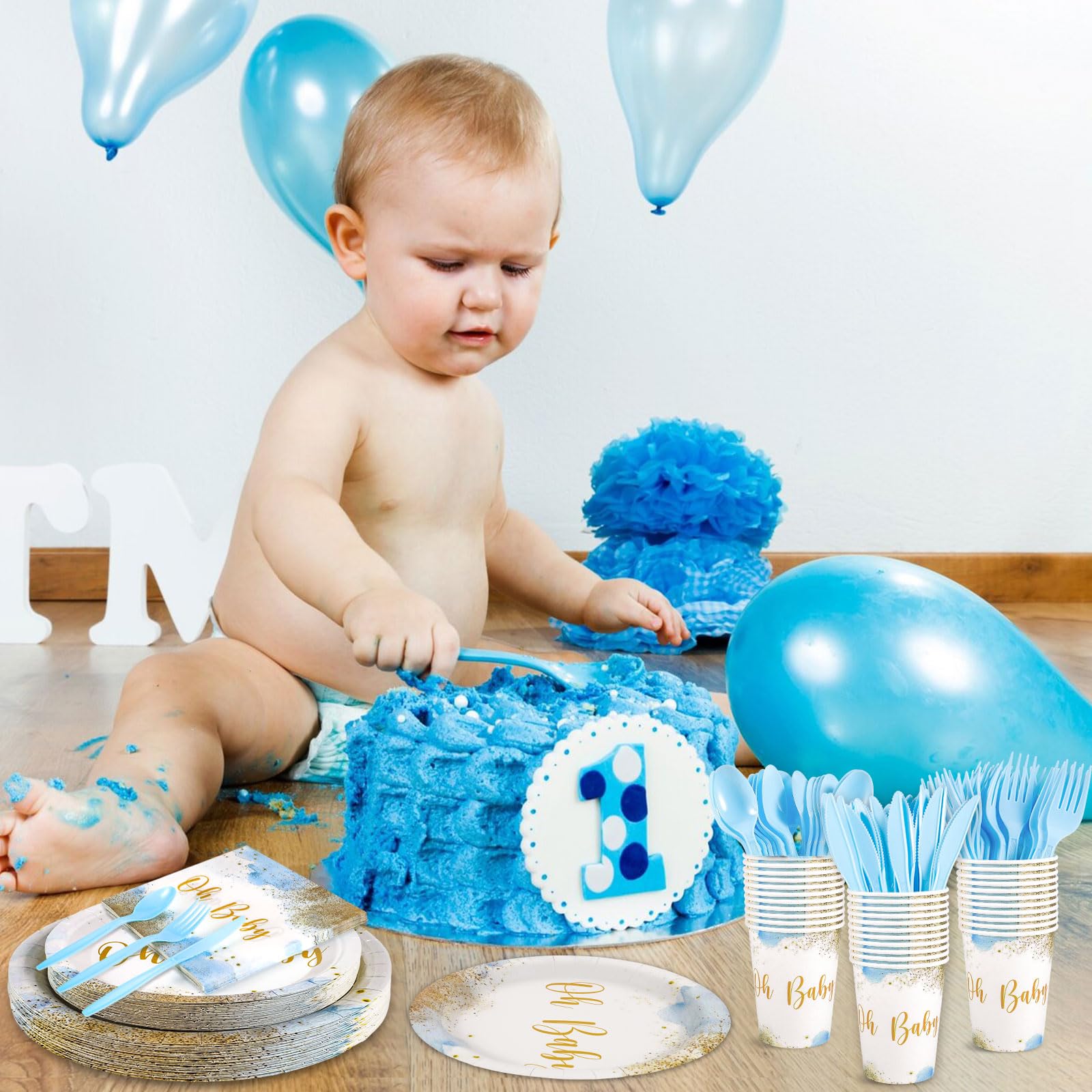 Xiangqu 175 Pcs Baby Boy Shower Plates and Napkins, Dusty Blue Baby Shower Decorations Includes Plates Napkins Cups Plastic Utensils for Boy Birthday, Serve 25 Guest