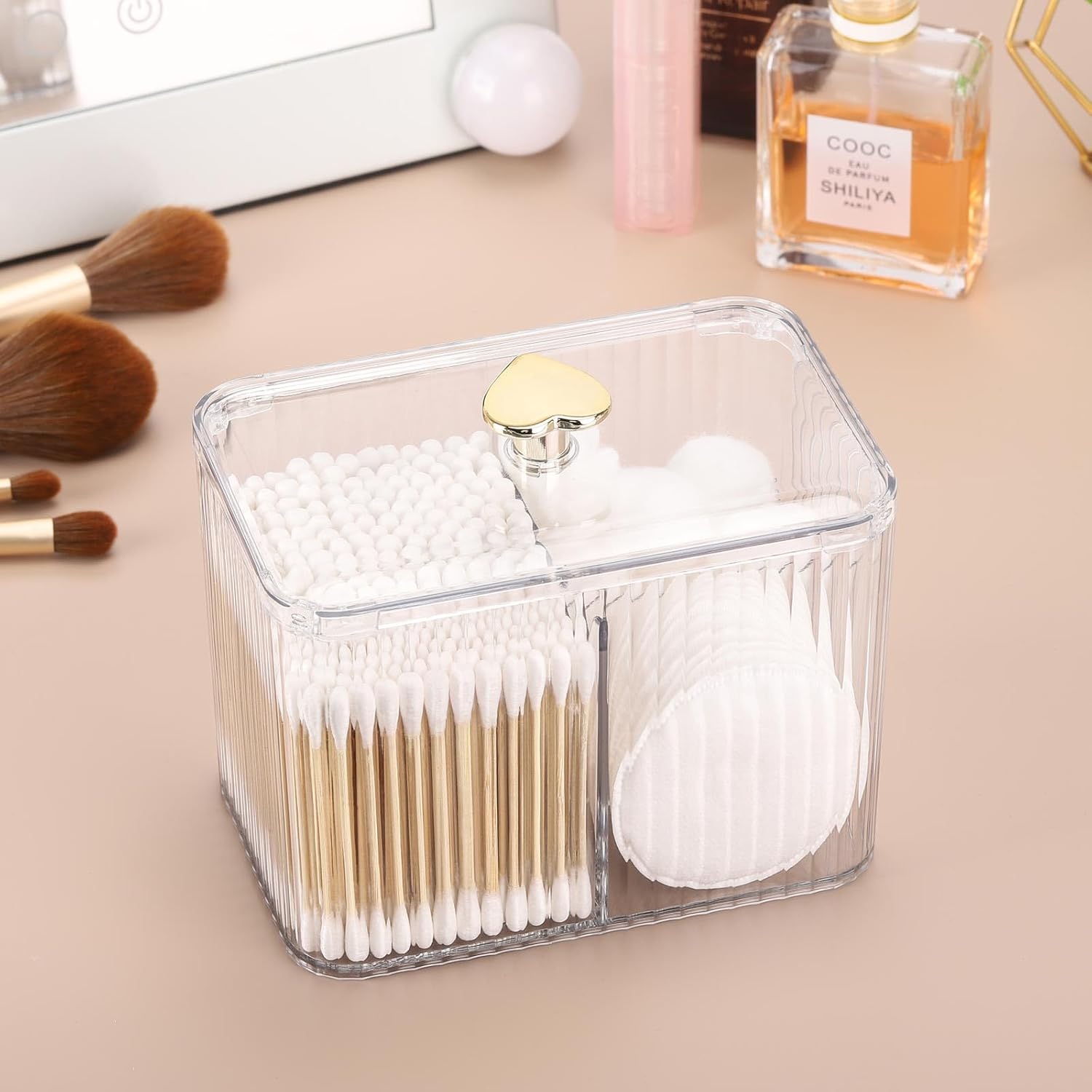 Tbestmax Qtip Holder Dispenser - Clear 3-Section Bathroom Organizer Jar for Cotton Swabs & Pads