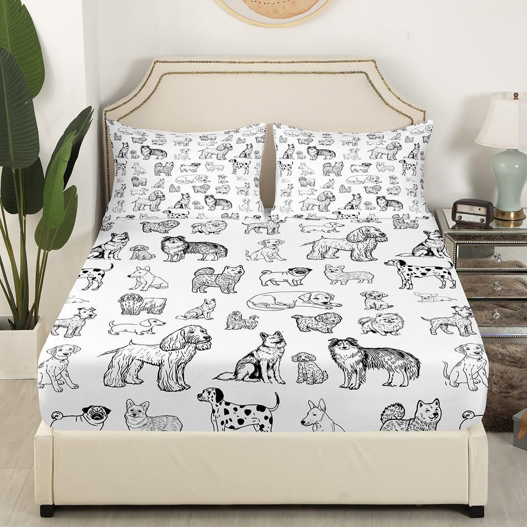 Cartoon Dog Fitted Sheet Queen Size Black White Dog Puppy Sketch Bedding Set 3Pcs for Kids Girls Boys Adult Room Decor Cute Pet Animals Bed Sheet Soft Lightweight Deep Pocket Sheet,2 Pillowcase