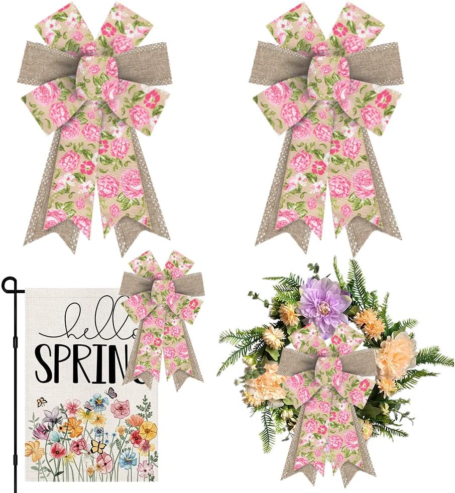 Skiennix 2-Piece Spring Wreath Bows - Pink Roses & Burlap Design for Indoor/Outdoor Decor