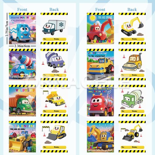 ORNACELE Valentines Day Gifts for Kids, 32 Pack Trucks Cards with Construction Vehicles, Pull Back Cars Sets Exchange Cards for Classroom School Party Favors