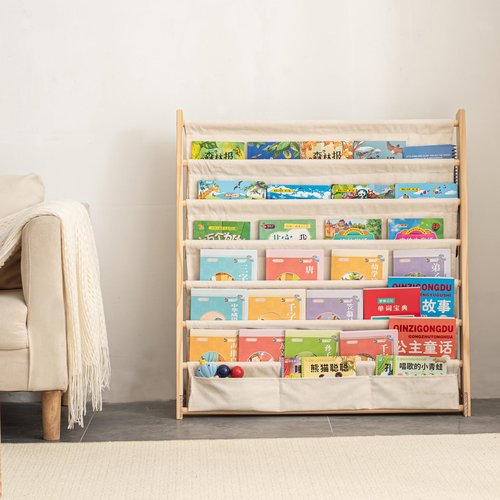 CYMFBSFBU 7 Tier Wooden Kids Bookshelf Book Holder Natural Wood Book Rack Storage Bookshelf for Kids Room Study Room Play Room Toy Storage Organizer (W: 29.52")