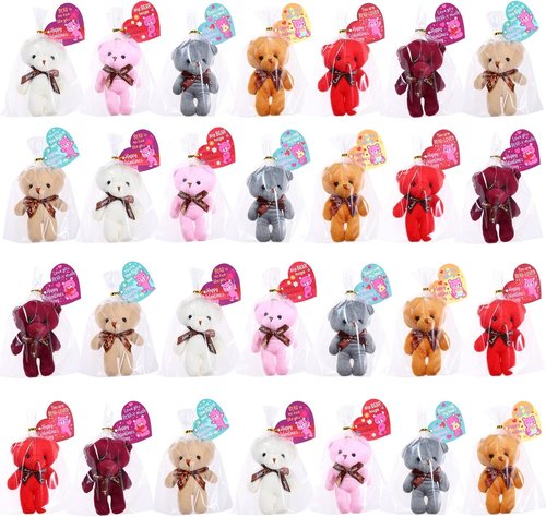 FunsLane 28PCS Valentines Day Gift Cards for Kids with Bear Plush Toys,Mini Stuffed Animal Plush Toys Keychains for Valentines Party Favor Supplies,Classroom Exchange,Game Prizes,Gift for boys girls