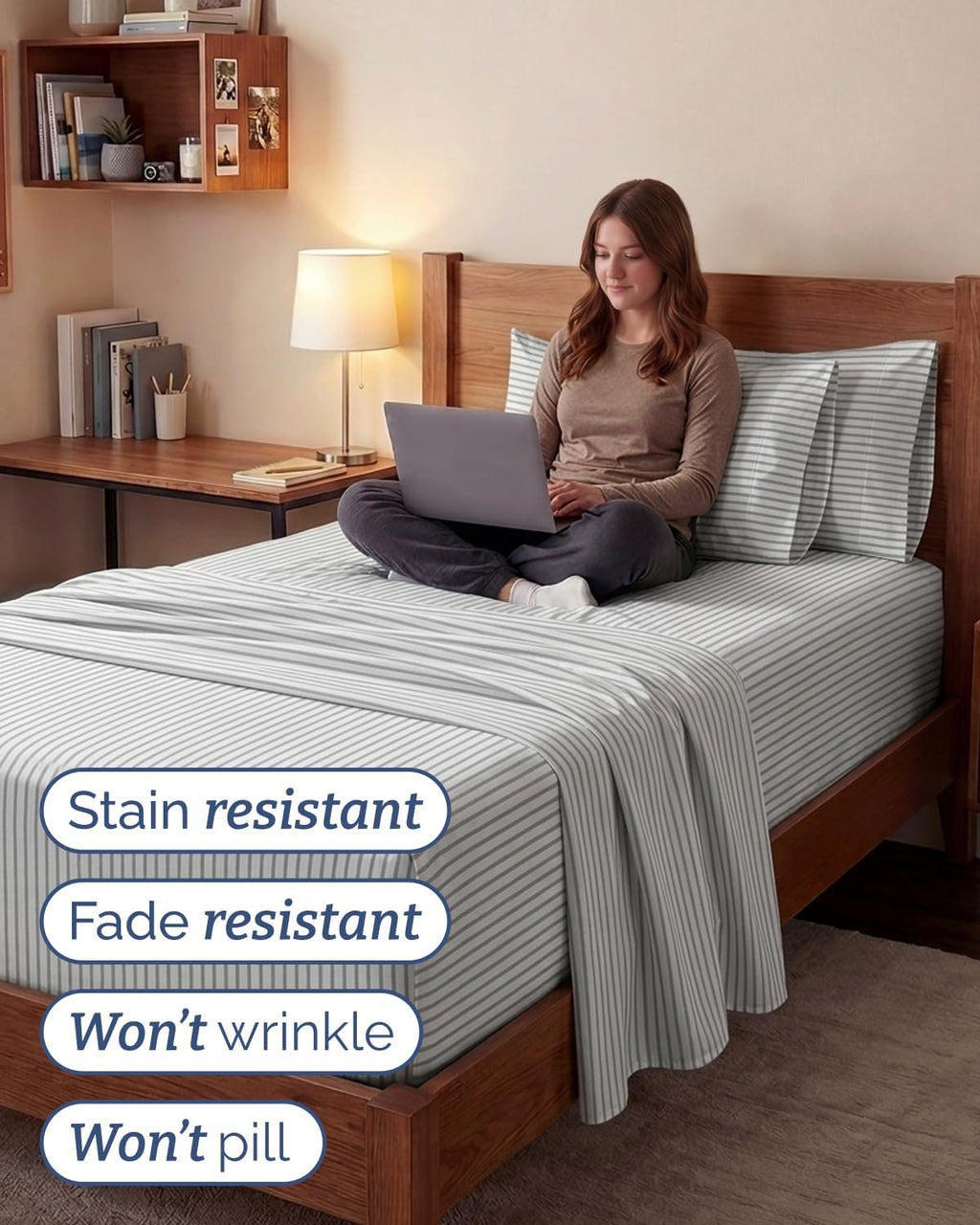 Skiennix Extra Deep Twin XL Sheet Set - 4 Piece Breathable Cooling Bedding - Soft Wrinkle-Free Grey Stripes