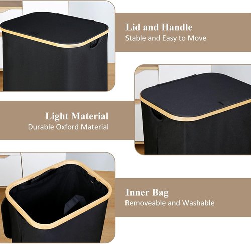 iEGrow Laundry Hamper - 110L Large Collapsible Basket with Lid & Handle | Removable Inner Bag - Black