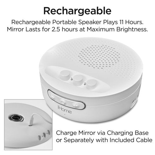 iHome Makeup Mirror with Lights and Bluetooth Speaker, Travel Mirror is Portable and Rechargeable – White (iCVBT9W.EXv24)