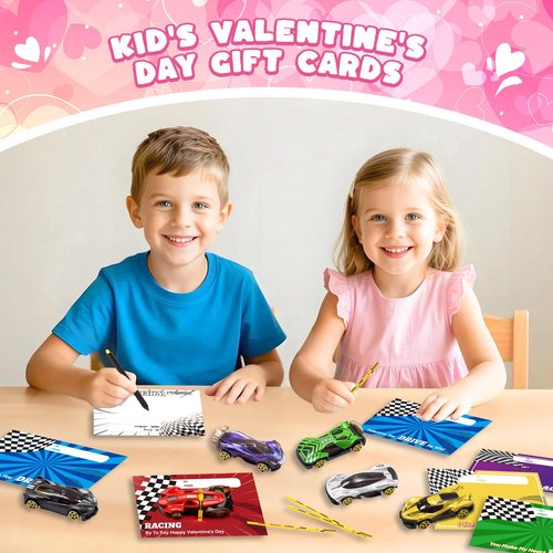 OCHIDO Valentines Day Cards for Kids with Die-Cast Racing Cars, 24 Packs Valentines Day Gifts for Kids Classroom Exchange, School Class Prizes, Valentines Party Favors for Boys and Girls