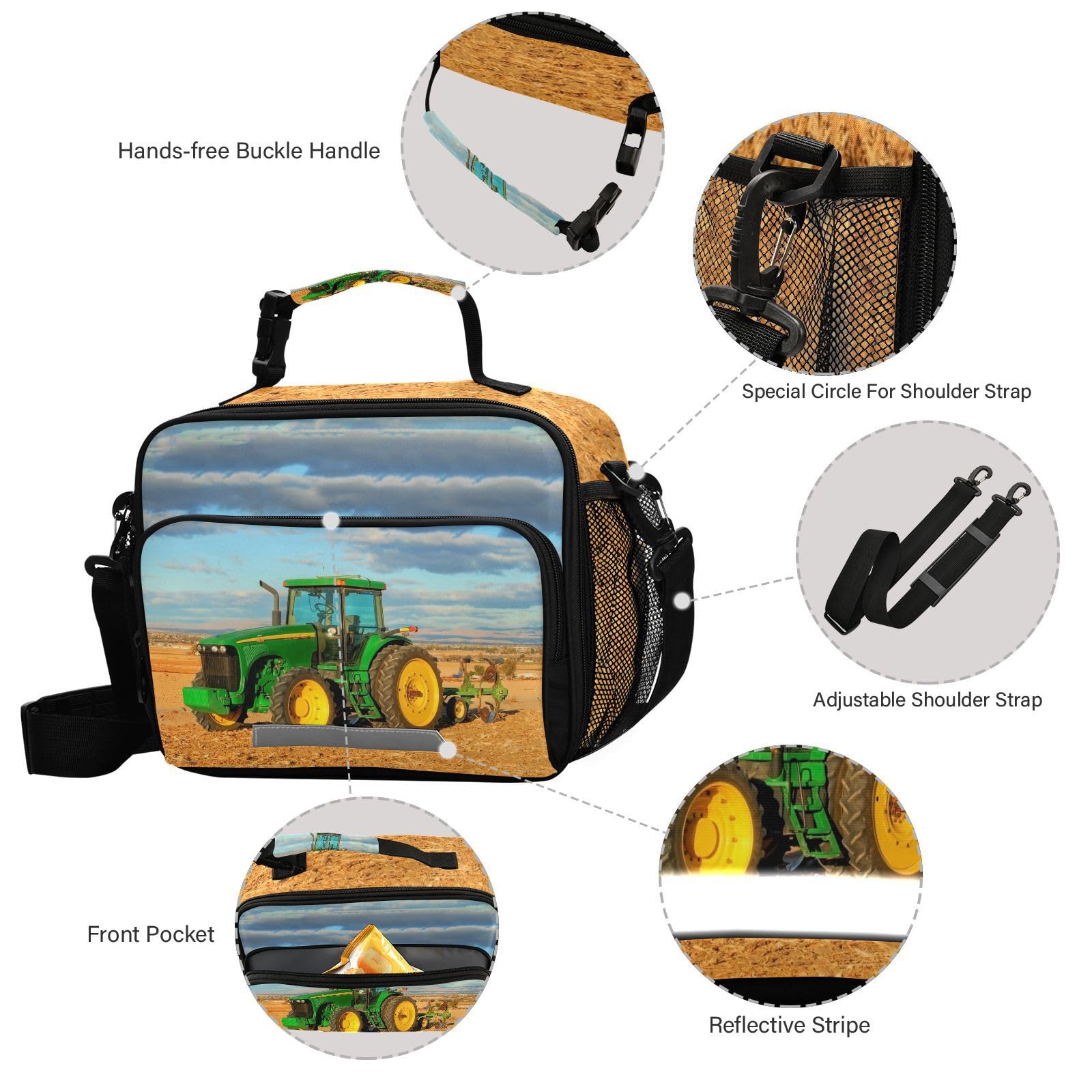 XDMXY Tractor Reusable Lunch Bags for Boys Girls, Shoulder Bag LunchBox Bags Container for School Work Picnic