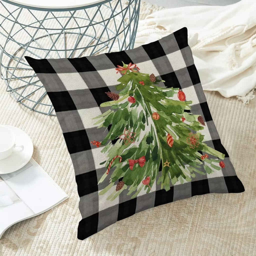 AEIOAE Christmas Pillow Covers 18x18 Inch Set of 2, Buffalo Plaid Christmas Tree Decorative Throw Pillows Farmhouse Linen Nature Forest Xmas Winter Pillow Case for Couch Sofa Outdoor Decor