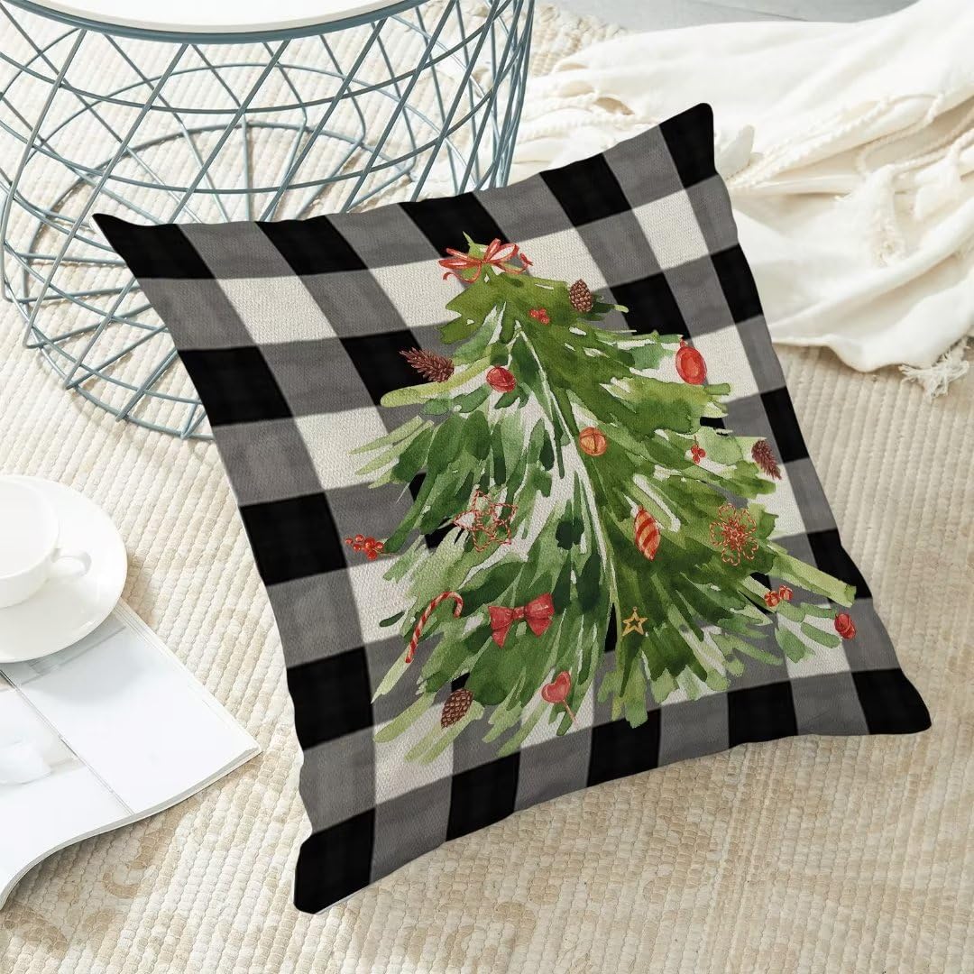 AEIOAE Christmas Pillow Covers 18x18 Inch Set of 2, Buffalo Plaid Christmas Tree Decorative Throw Pillows Farmhouse Linen Nature Forest Xmas Winter Pillow Case for Couch Sofa Outdoor Decor