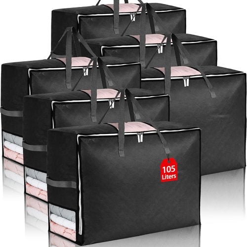6Pack 105L Extra Large Blanket Comforter Storage Bags, Foldable Storage Bags for King Comforter Bedding Pillow Sheet Clothes with Handles Zippers Clear Window Closet Organizers and Storages, Black