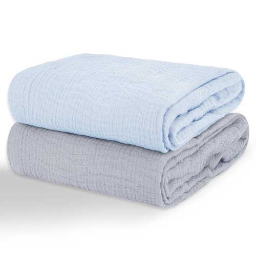 2 Pack Muslin Swaddle Blankets for Baby, 100% Cotton 40x40 Inches - Elegant Light Blue & Misty Blue, Soft Breathable Newborn Swaddle for Infants/Toddlers, Multi-Use Receiving Blanket