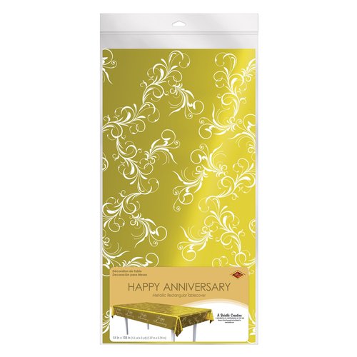 Beistle 54" x 108" Metallic Gold Happy Anniversary Tablecover, Plastic Disposable Table Cloth, Celebration Party Supplies