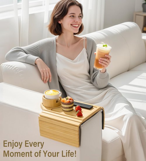 Kssiaz Couch Arm Tray, Bamboo Sofa Table for Couch, Sofa Arm Tray with Cup Holder, Non-Slip Armrest Organizer for Drink, Cup, Snack, Control, Easy to Clean, Natural