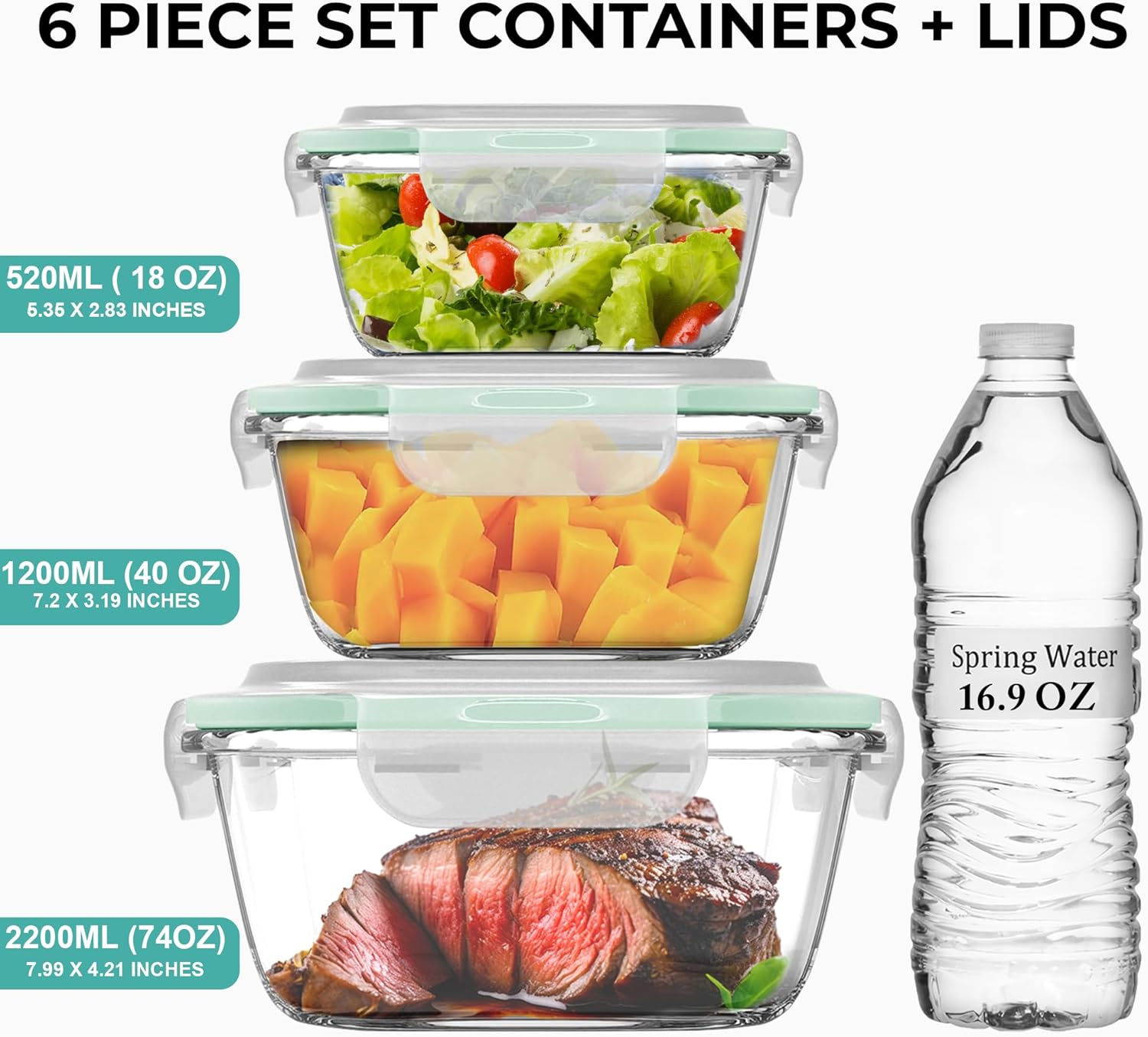 Razab Glass Food Storage Containers Set - 6 PC Airtight Meal Prep Containers | 74, 40 & 18 oz, Freezer Safe
