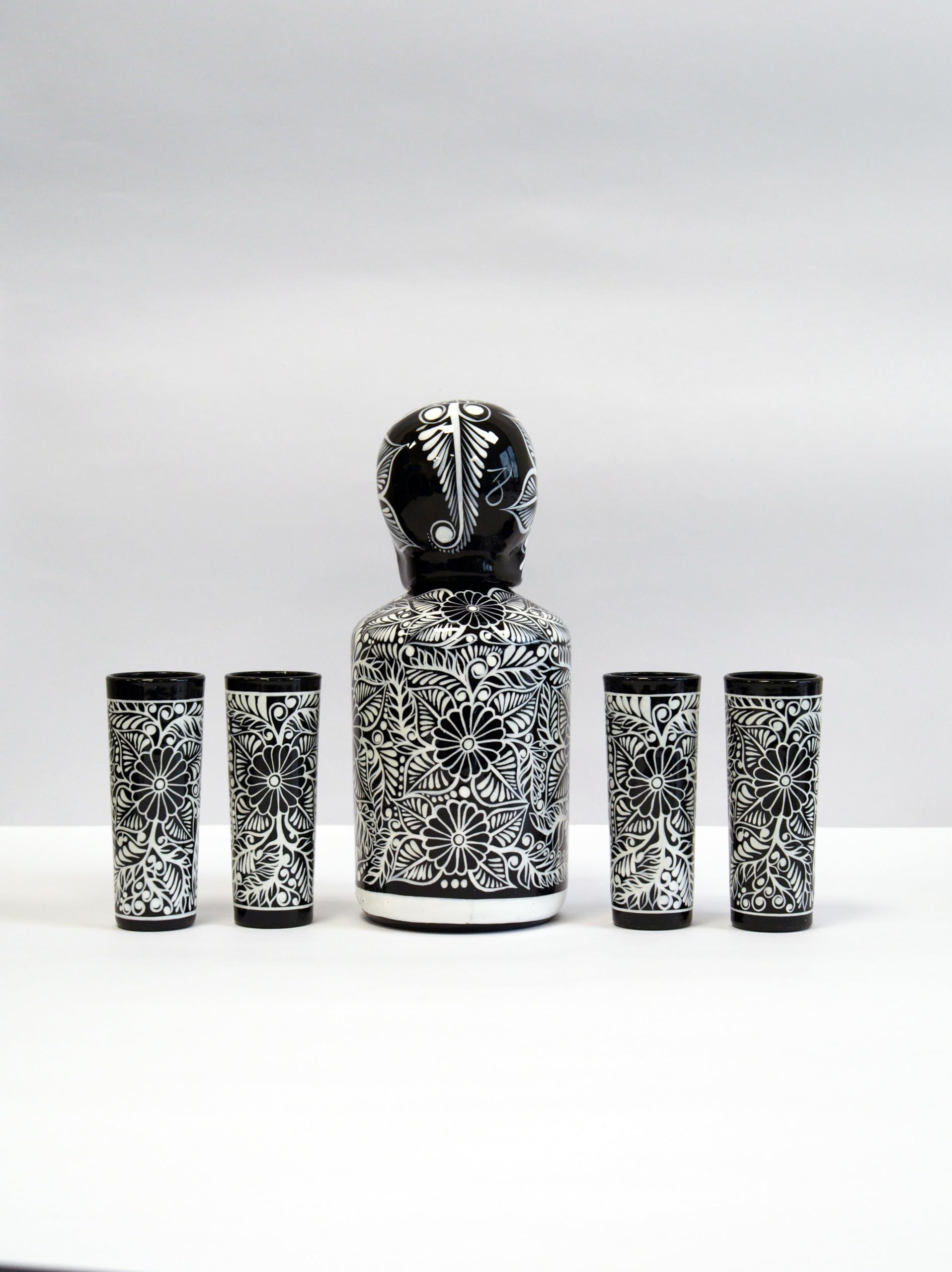 Tequila Decanter Set, Liquor Decanter with Shot Glasses and Mexican Sombrero, Hand-painted Decanter, Skull Decanter, Bar Decoration, Unique Tequila Gift, Gift For Dad, (Black Decanter Set)