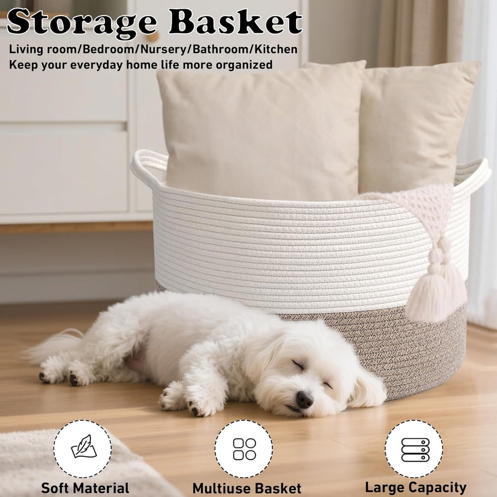 Regine Switzerland 65L Large Woven Cotton Rope Basket - Stylish Laundry Hamper for Bedroom & Living Room, White & Brown