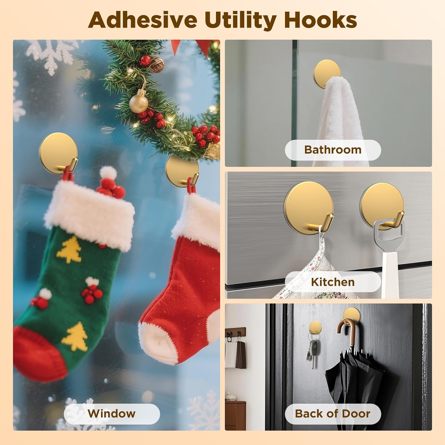 OUTXE Heavy-Duty Adhesive Wreath Hanger - Perfect for Front Door & Glass Windows | 2-Pack (Gold)