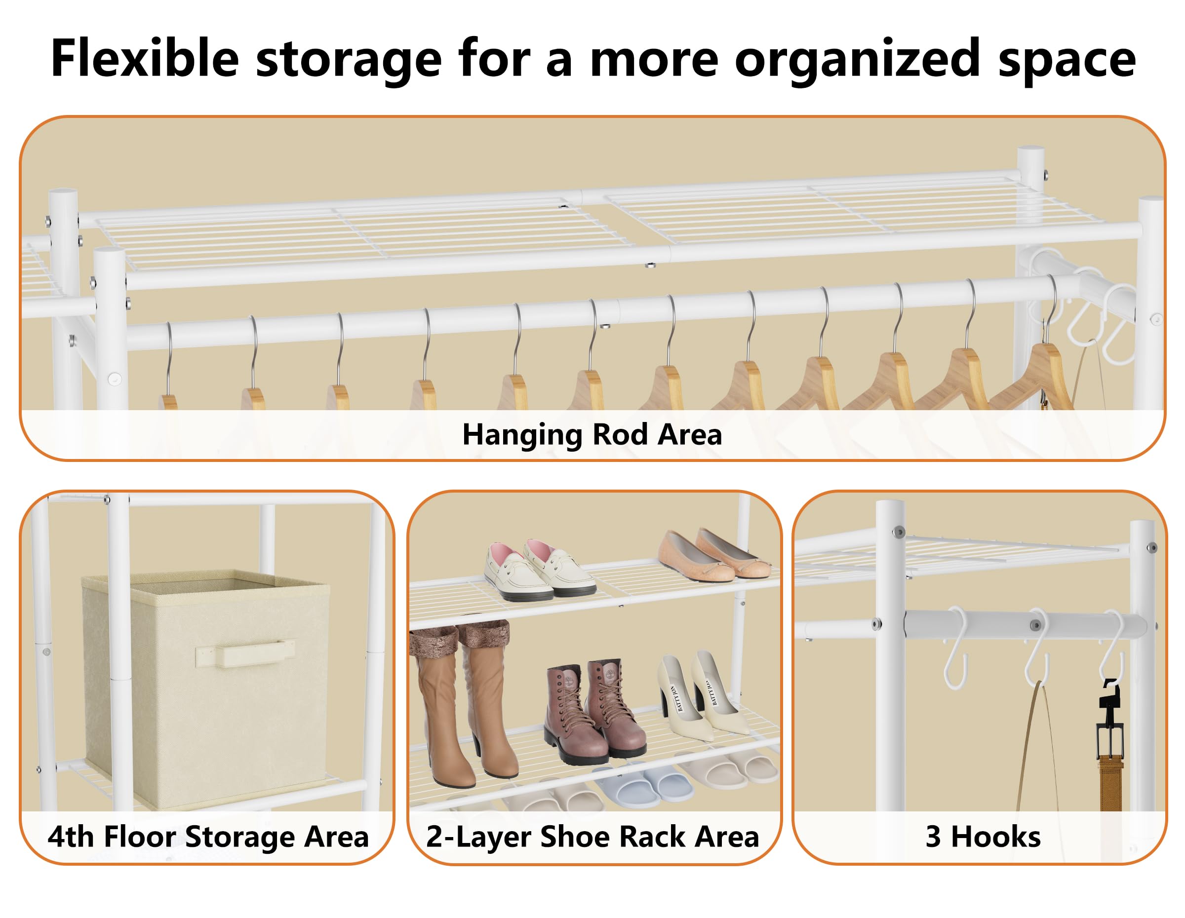 Wardrobe Closet,Portable Clothes Rack with 4 Tiers Shelves,Freestanding Closet Organizers and Storage System with Hanging Rods,Steel Clothing Rack Suitable for Cloakrooms,Bedrooms,Entrances,etc.White