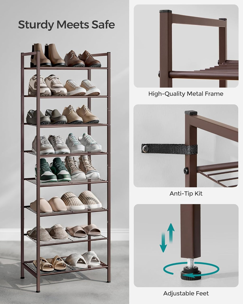 SONGMICS Narrow Shoe Rack - Sturdy 8-Tier Metal Storage Organizer for Small Spaces | Bronze, 12"D x 17.6"W x 50.6"H