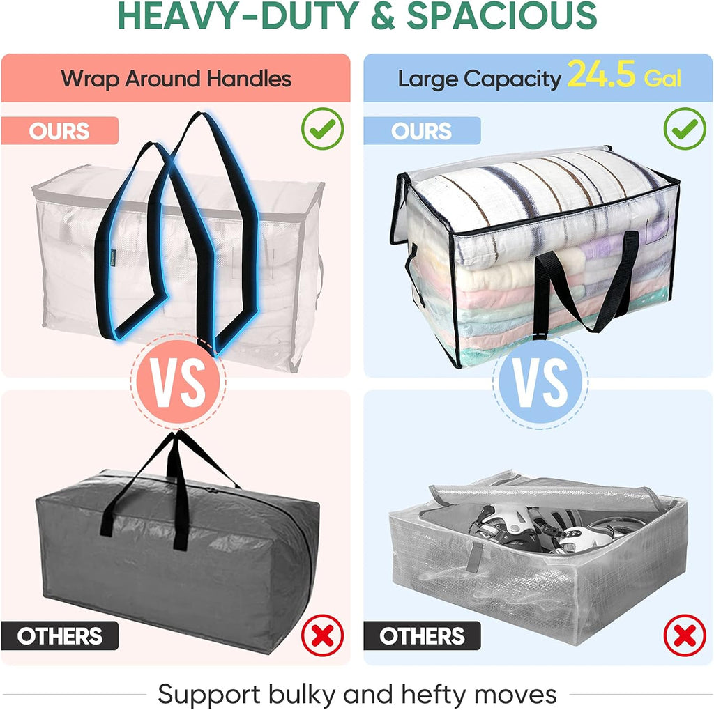 BALEINE Oversized Moving Bags - Heavy-Duty Storage Totes with Reinforced Handles | Clear 4-Pack