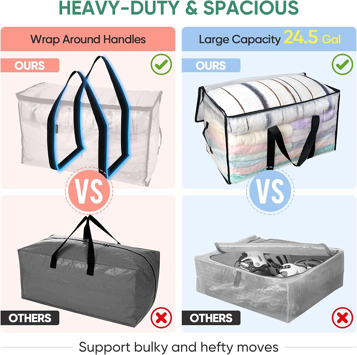 BALEINE Oversized Moving Bags - Heavy-Duty Storage Totes with Reinforced Handles | Clear 4-Pack