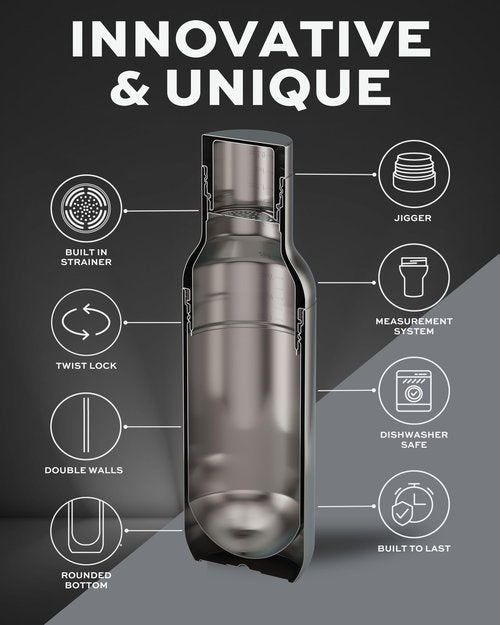 AMARI SIP - Hybrid Cocktail Shaker | Vacuum Insulated Stainless Steel | Large 31oz | Leak Proof | Built-in Measurement System, Strainer and Jigger Lid | Big Size Drink - and Bar Shaker | Bartender