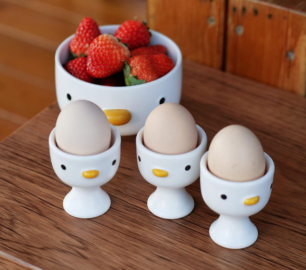 PURROOM Funny Duck Egg Cup, Cute Chick Egg Cups Gift Set of 3, Handmade Glaze Safety Ceramics Soft Boiled Egg Holder, Breakfast Kitchen Cooking.