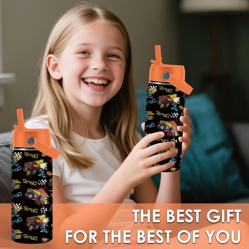Truck Gifts for Kids - 16 Oz Kids Water Bottle with Straw Lid, Stainless Steel Insulated Tumbler, Leak Proof, BPA-Free, for Girls, School, Travel - Truck Lovers Children Birthday Gifts Cups(1pc)