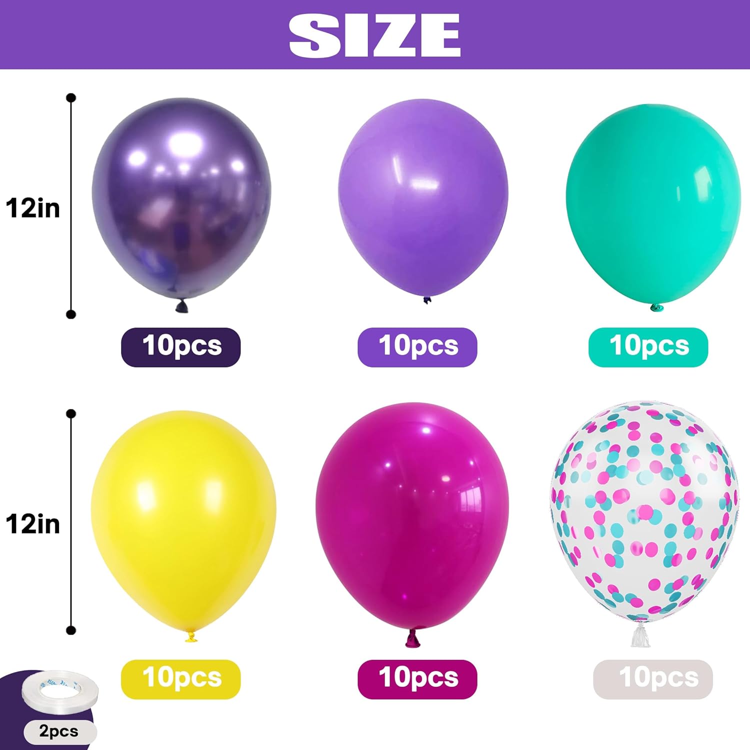 Skiennix 60 Pcs 12-Inch Hot Pink, Purple & Teal Balloons - Metallic Confetti for Kids' Birthday Parties