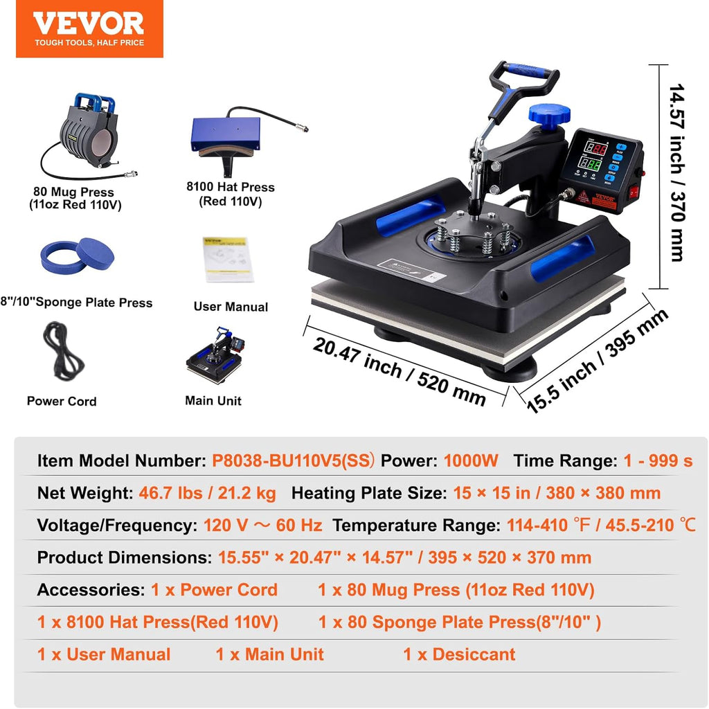 VEVOR 5 in 1 Heat Press Machine - 15x15 Inch Digital Control for T-Shirt, Hat, Mug & Plate Sublimation - Blue