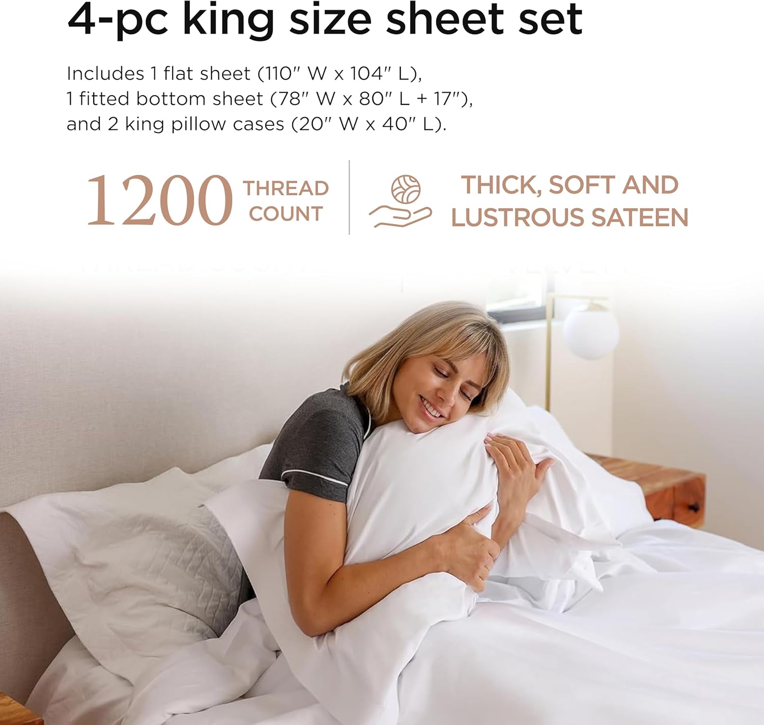 Threadmill 100% American Certified Supima Cotton King Size Sheets - 1200 Thread Count, Ultra Luxury Sateen, 4-Piece Set - White