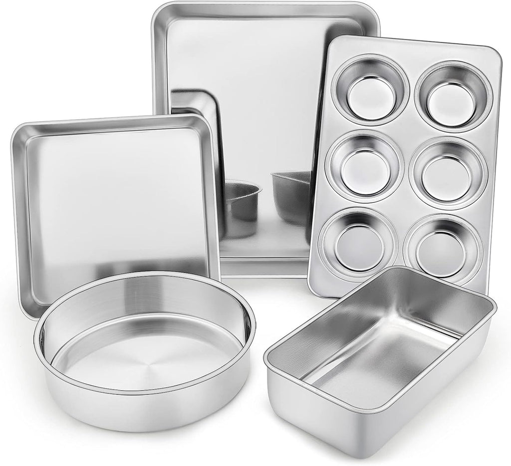 TeamFar Bakeware Set - Heavy-Duty Stainless Steel Baking Pans | 5-Piece Set with Cake, Loaf & Muffin Pans