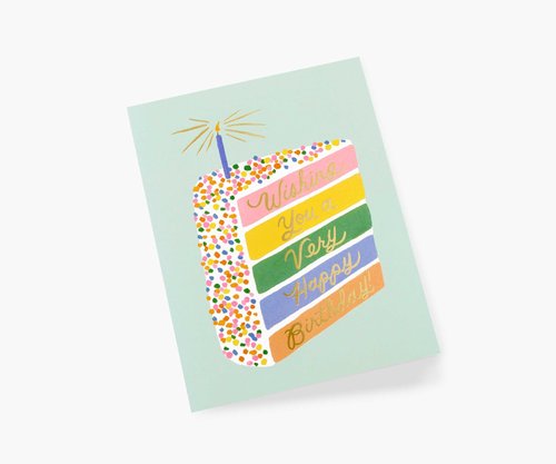 RIFLE PAPER CO. Cake Slice Birthday Cards, Boxed Set of 8 Folded Cards with Metallic Gold Envelopes, Full-Color Illustration, Blank Interior, 4.25" L x 5.5" W