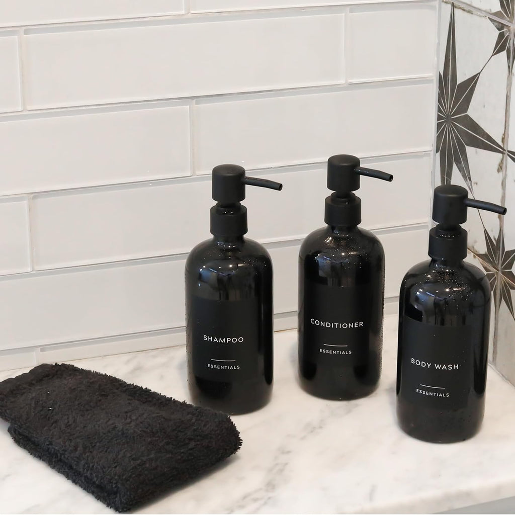 Stylish Shampoo & Conditioner Dispenser Set - Modern 21oz Pump Bottles with Labels | Easy Refill for Bathroom Decor - Black