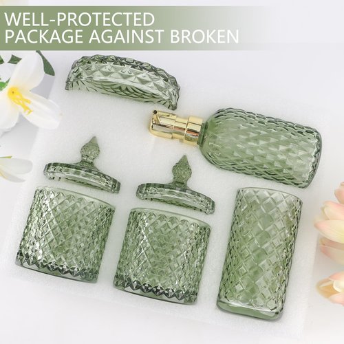 5Pcs Glass Bathroom Accessories Set,Green Vintage Bathroom Accessory Set, Bathroom Counter Sink Toothbrush Holder Set Includes 13.5oz Hand/Lotion Soap Dispenser & Tumbler & Soap Dish & Qtip Holders