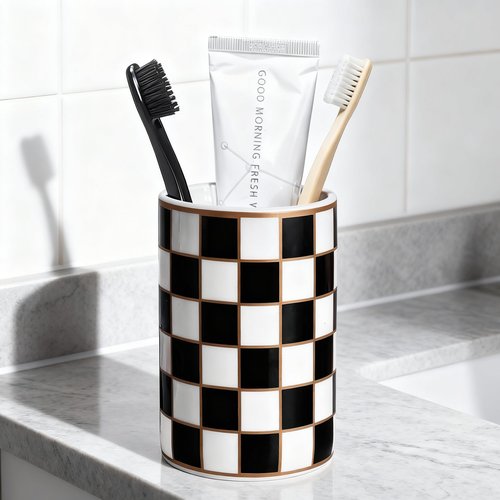 Checkered Bathroom Toothbrush Holder, Bathroom Black and White Ceramic Toothbrush Holder, Modern Toothbrush Box, Used for Bathroom countertop Storage Rack, Checkered Bathroom Decoration (Black)