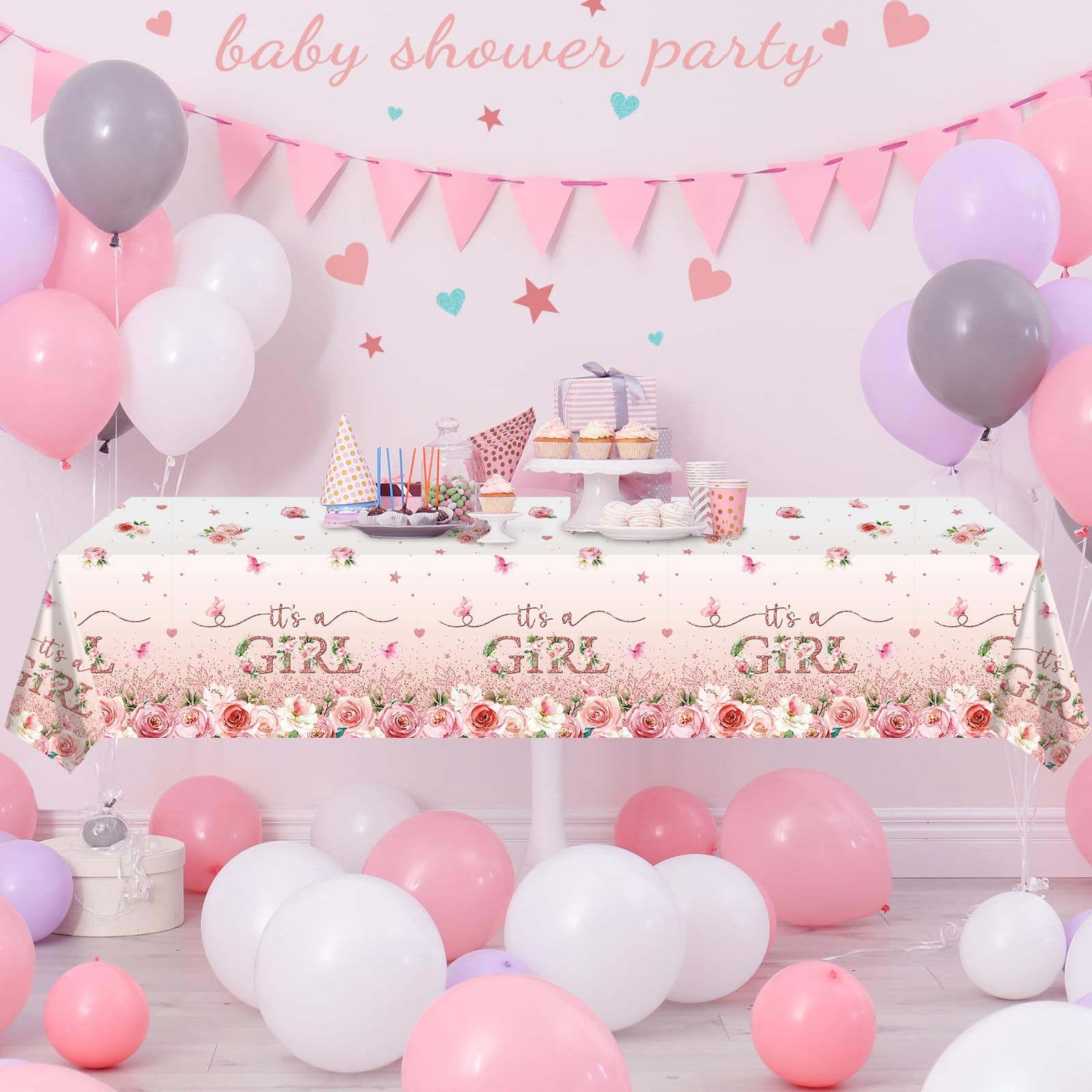 1 Pack Floral Baby Shower Tablecloth Decorations, It's a Girl Baby Shower Decorations, Pink Flower Gender Reveal Decorations for Girl, Plastic Disposable Baby Girls Table Cloth Party Decorations