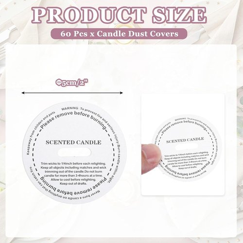 MECCANIXITY 60 Pcs Candle Dust Covers, 5cm/2" Round Printed Translucent Candles Drip Protectors Lid Accessories Letter Pattern for Craft Fragrance Making Jars Boxes Packaging