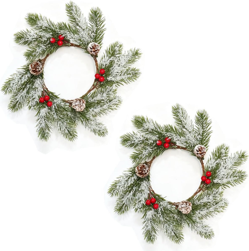 Skiennix Christmas Candle Rings - Frosted Pine Garland with Red Berries | 11 Inch Mini Wreaths for Table Centerpieces