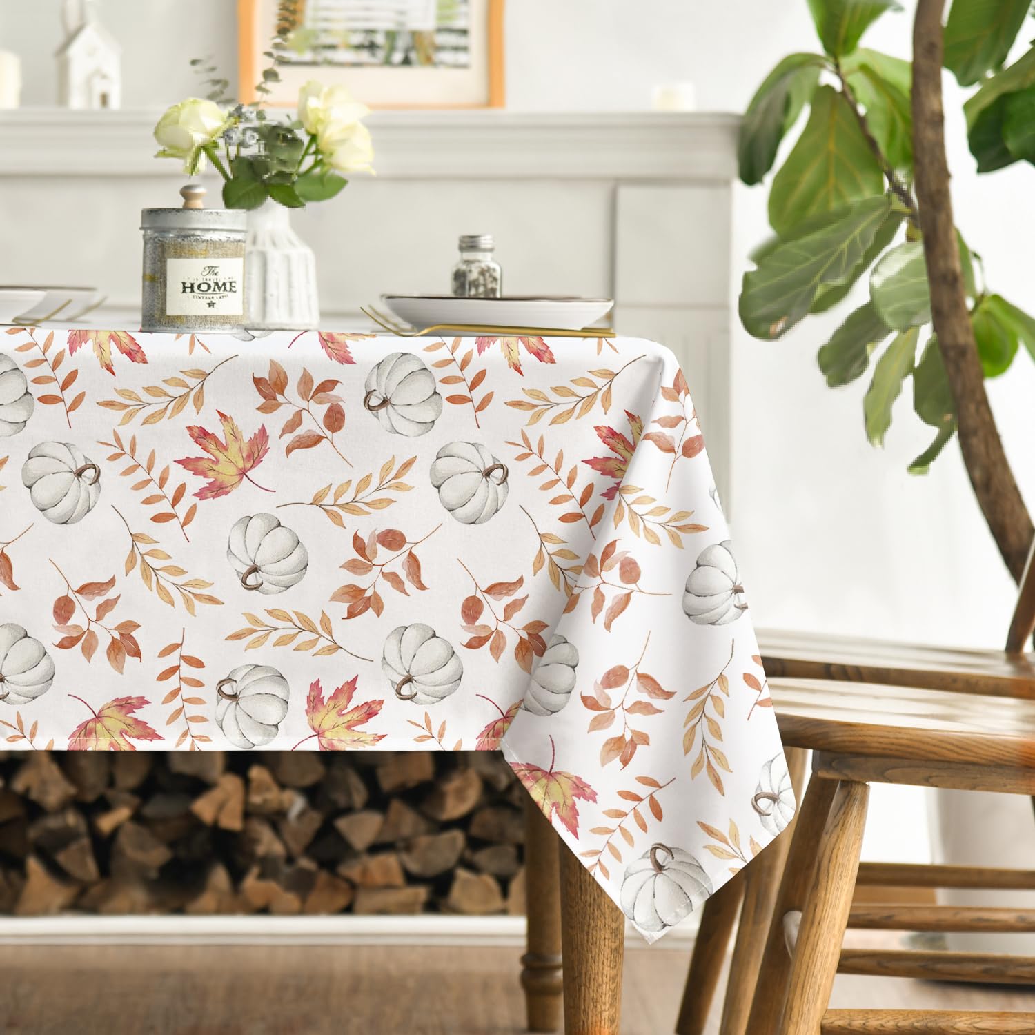 Horaldaily Fall Tablecloth 60x104 Inch, Thanksgiving Autumn Harvest White Pumpkin Orange Leaf Table Cover for Party Picnic Dinner Decor
