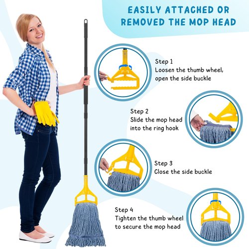 Commercial Mop for Floor Cleaning, 59'' Heavy Duty Industrial Mops with Long Handle, Cotton String Wet Mop for Garage, Office, Warehouse, Home, Workshop (2 Mops Head)