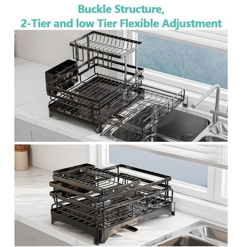 HANLE 2 Tier Dish Drying Rack - Large Extendable Dish Rack, 2-in-1 Anti-Rust Stainless Steel Dishrack for Kitchen Counter and Sink, Dish Strainer with Utensil Holder & Cup Holder(Black)